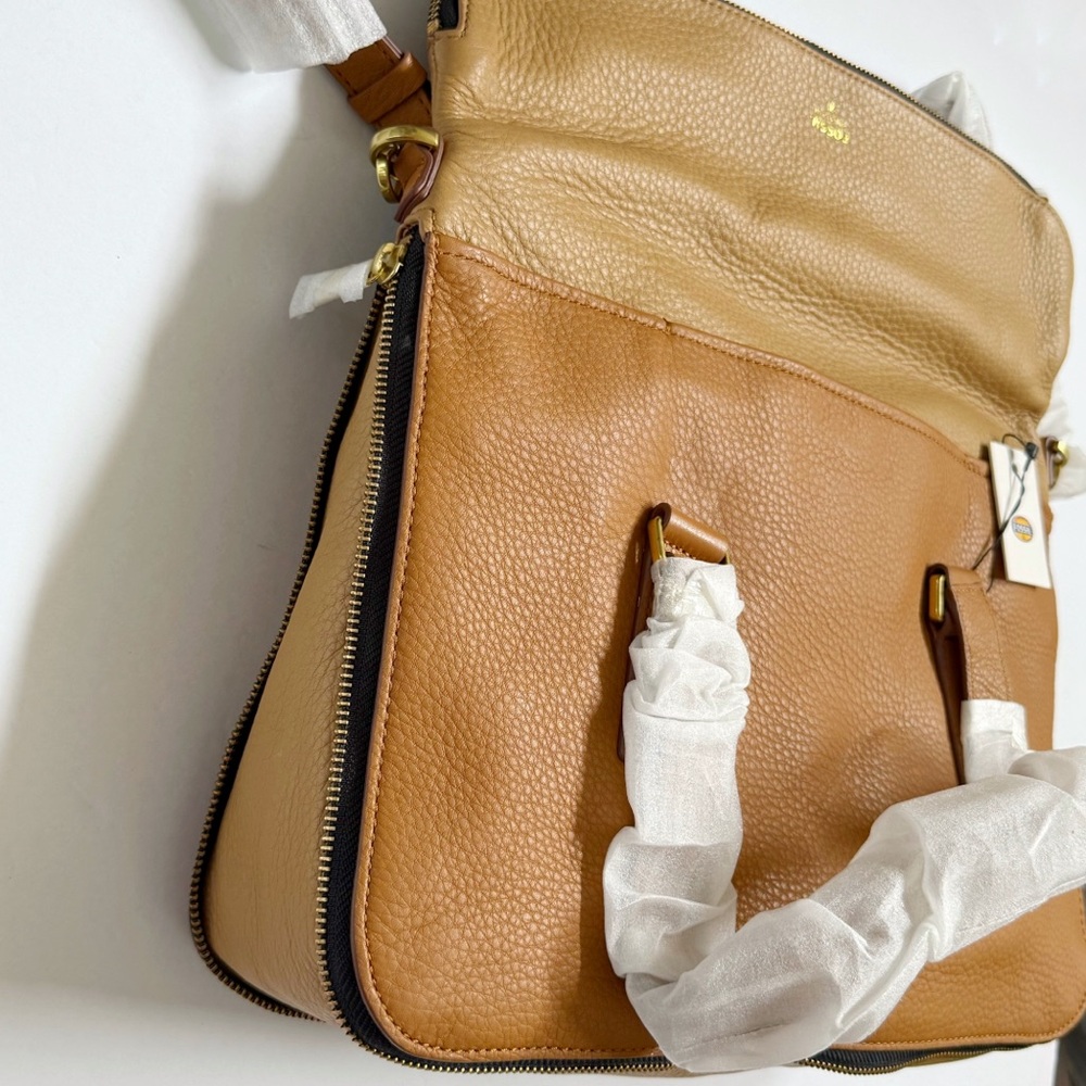 FOSSIL CAMEL TAN BROWN 2 TONE LEATHER ZIPPER CLOSE PRESTON SATCHEL TOTE BAG - Picture 8 of 13